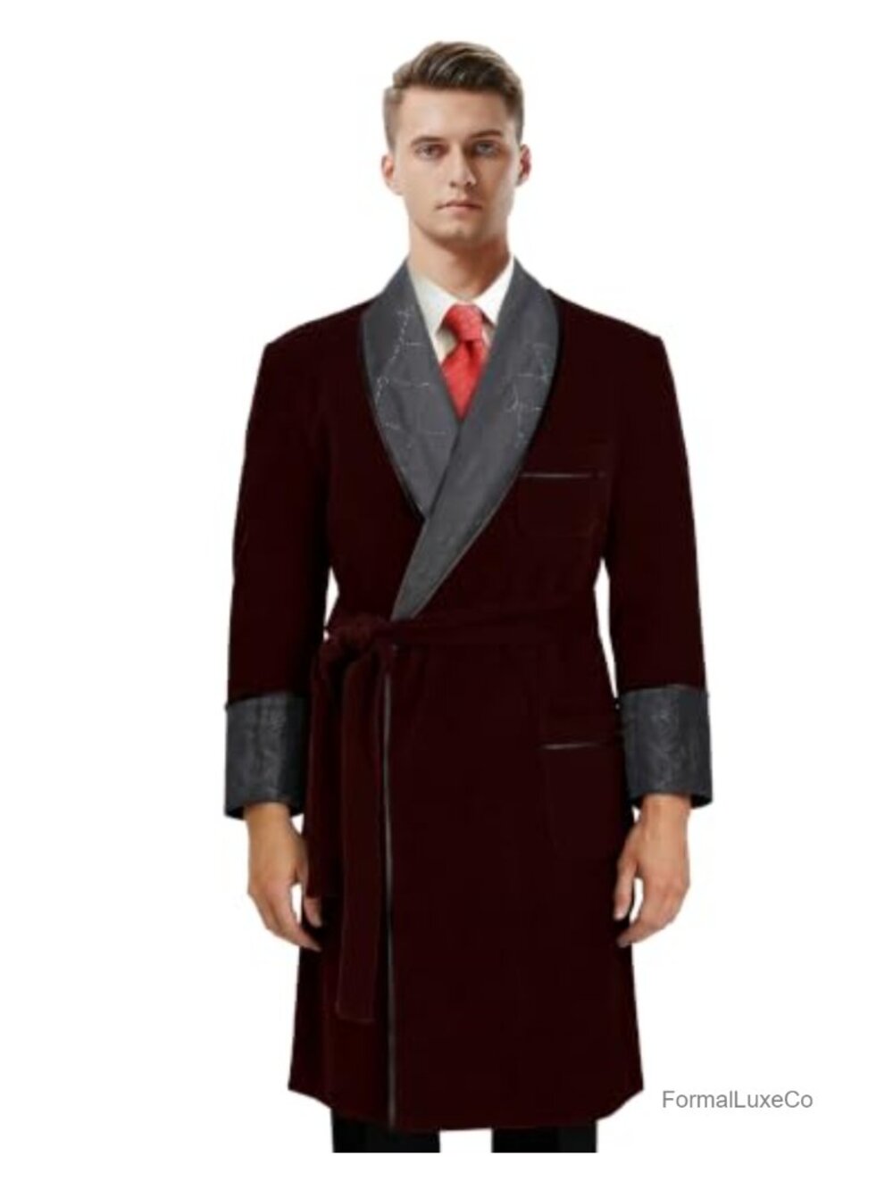 Men's Velvet Smoking Jacket Shawl Collar Quilted Satin Robe with Belt